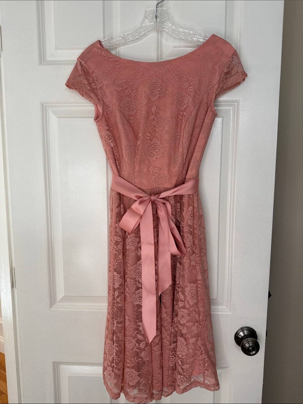 Rose Pink Lace Midi Dress with Satin Waist Tie